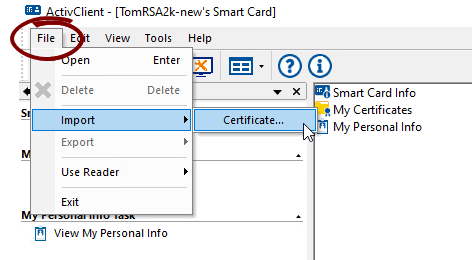 User Console with the File menu open and Import Certificate selected.